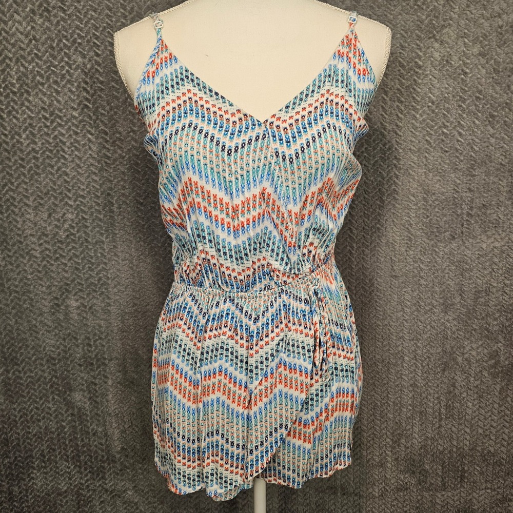 Joe B Boho Summer Breezy Romper Large‎ Blue Orange Chevron Print Rayon Beachwear